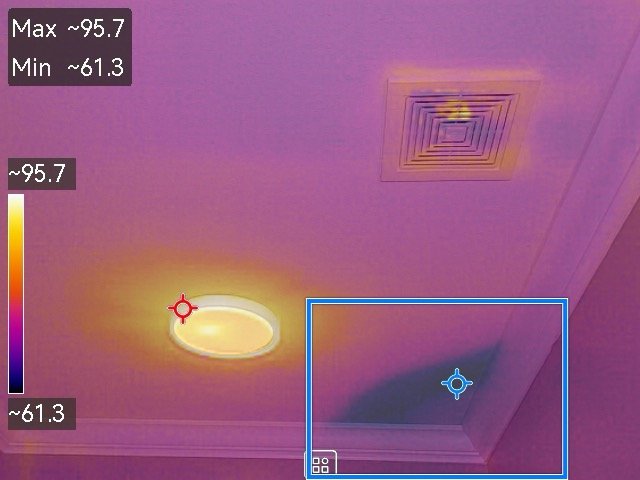 Thermal image of a bathroom ceiling showing a cool spot near a vent