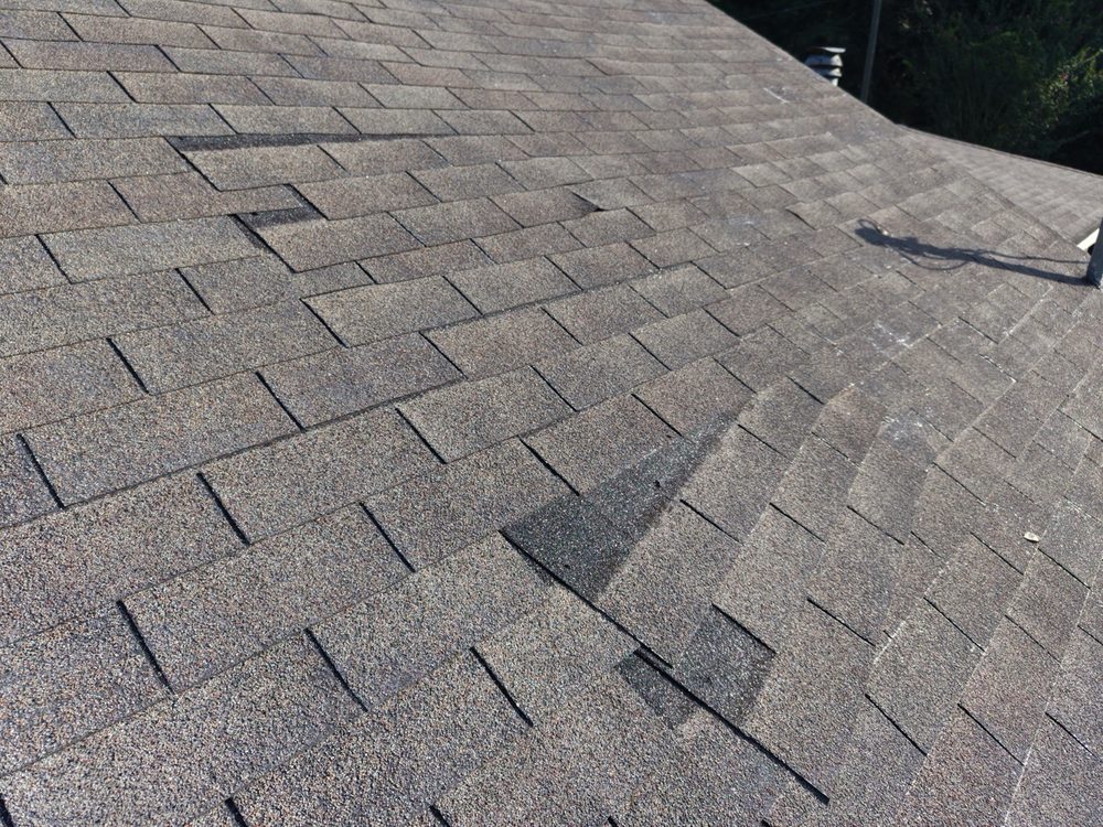 Roof slope showing granule loss and lifted shingles