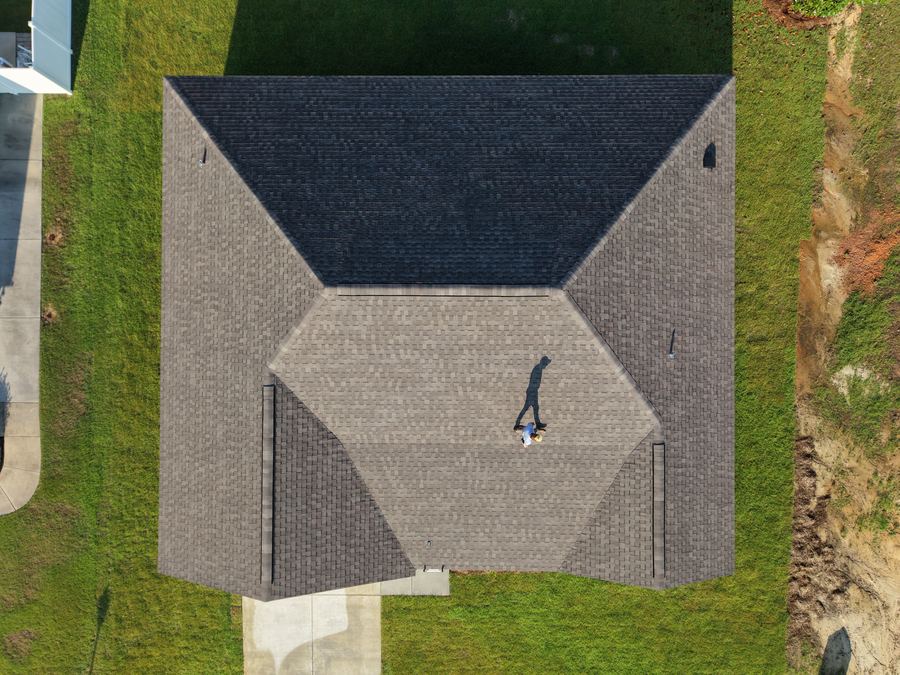 Drone aerial view of a new construction roof