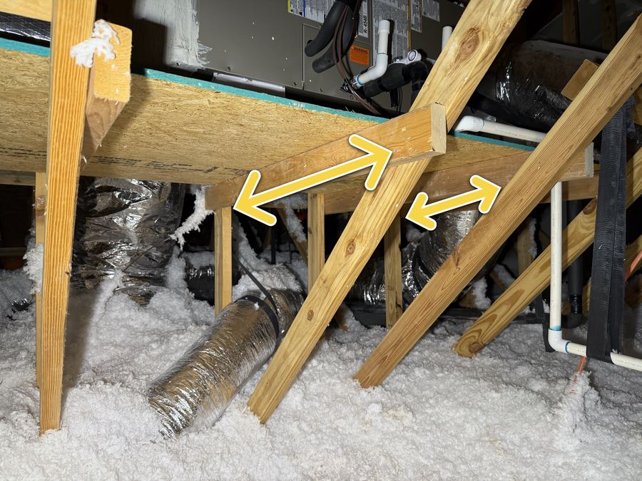 Arrows marking truss web members bearing an HVAC platform load